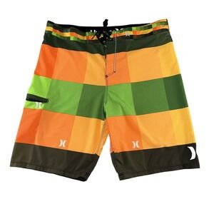 Hurley Phantom Board Shorts Mens 38 Orange Green Plaid Swim Trunks Surf Beach